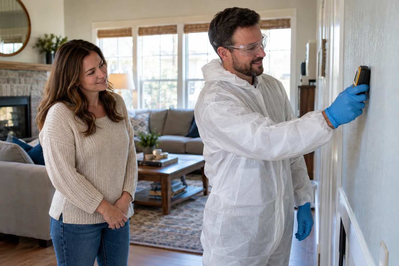 A provider using a moisture meter on a wall in the Philadelphia area