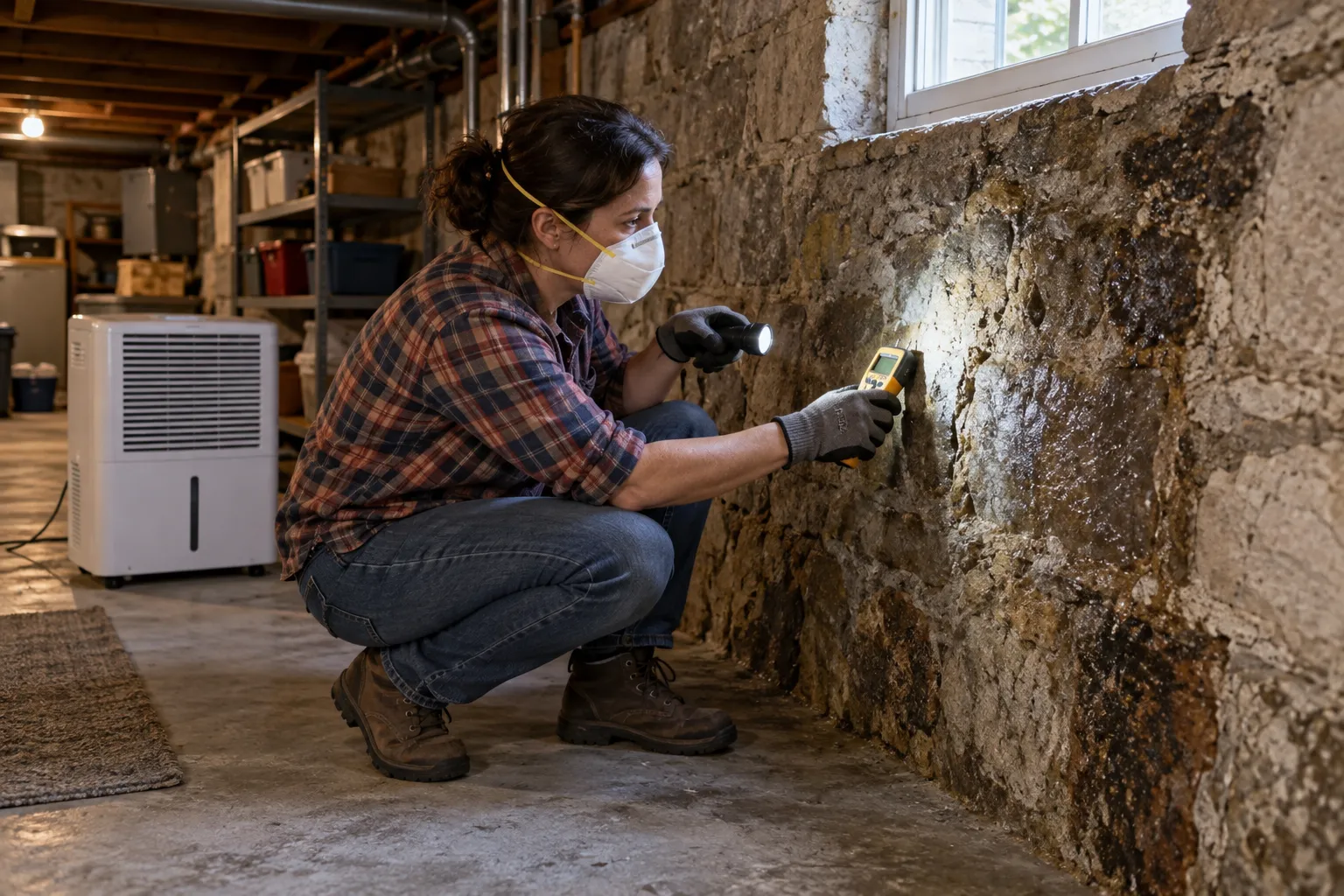 A homeowner checking a basement wall for mold in Philadelphia