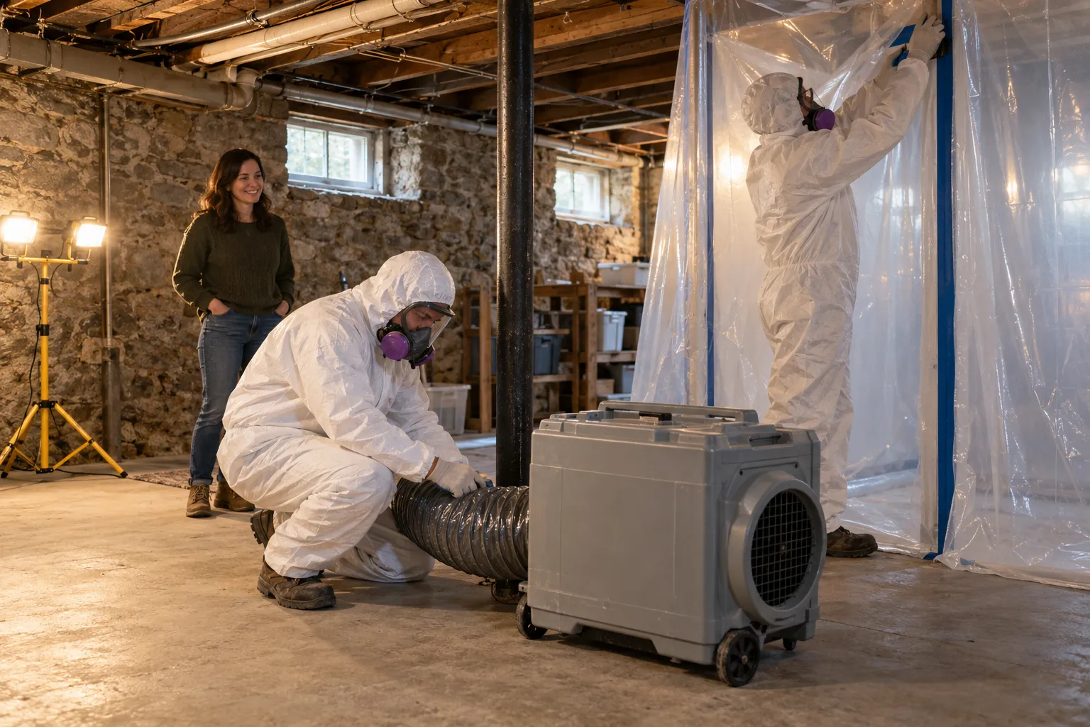A local provider setting up containment sheeting in a Philadelphia basement